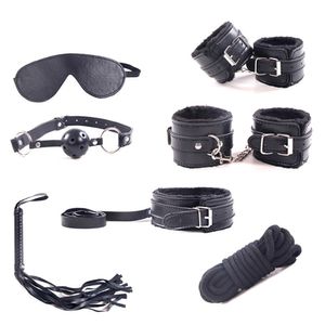 7pcs sexy Toys Adult Games Bondage Restraint Handcuffs Cuffs Whip Collar Blindfold Mouth Gag Products For Couples