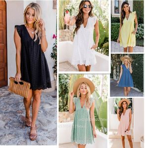 Hollow Out Mini Sexy V Neck Lace Short Ruffle Sleeve A Line Sundress Casual Loose Summer Beach Dress with Pocket and Shorts 220607