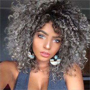 Black Gray Short Curly Hair Synthetic Wigs African Afro Fluffy