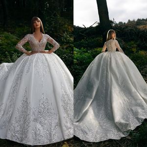 Prinzessin Ballkleid Brautkleider Lange Ärmel V-Ausschnitt Pailletten Applikationen Spitze Rüschen Bodenlange Stickerei Brautkleid Vintage Plus Size Robes de Soiree