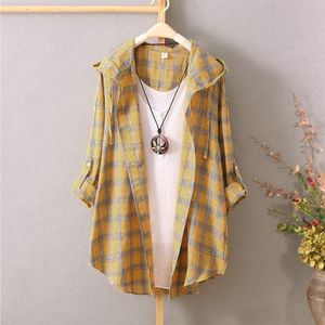 Bluzki damskie Koszule Plaid Cover Up Kobiety Casual Luźna Wiosna Lato Bluza z kapturem Długi rękaw Kardigan Topy Damskie Damskie