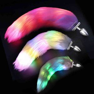 Nxy Anal Toys Metal Anal Beads Silicone Butt Plug for Couples Cosplay Sex Toys Luminous Light Fox Tail Adult Games Led Products 220510
