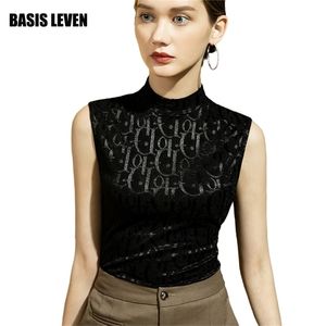 Kvinnor Kläder Ärmlös Turtlenecks T-shirt Brev Utankrad Mesh Woman Topp Vår Sommar Toppar För 220325