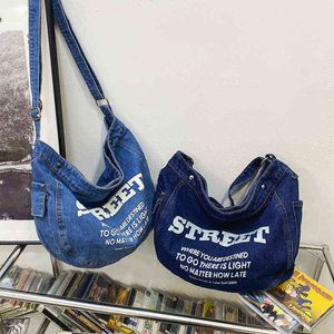 Vintage denim büyük tote çanta gündelik hobos crossbody çanta kadın trend mektupları bayan omuz çanta büyük kapasite alışveriş çantası 220608