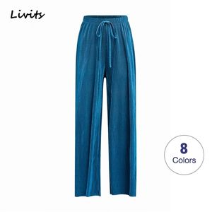 Kvinnors byxor is silk elastiska byxor breda ben långa byxor rakt lös vanlig solid casual sommarkoreansk kvinnlig LJ201103