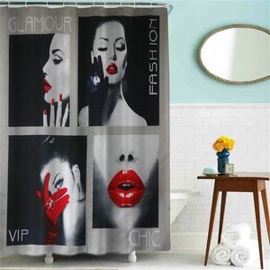 Mulheres de lábios vermelhos sexy cortinas de chuveiro banheiro impermeável com 12 ganchos personalizados para decoração de casa 180 180 T200711