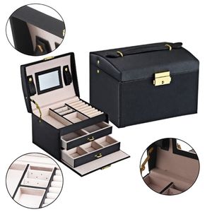 Jewelry Box Large Capacity Leather Storage Case Earring Ring Necklace with Mirror Watch Organizer Jewel Boxs 210309