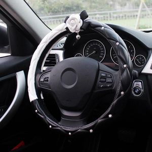 Steering Wheel Covers Diamond Crystal White Camellia Flower Car Interior Decoration Leather Styling Rhinestone CoveredSteering