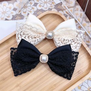 Temperament Korean Female Lace Embroidered Bow Hairpins Fashion Sweet Girl Women's Elegant Pearl Spring Clip Hair Accessories