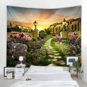 Bellissimo percorso di fiori della città appeso a parete al tramonto stampa digitale 3d tappeto camera da letto decorazione artistica J220804