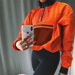 Women spring Orange Half Open Collar Loose Top pullover New Chest Mesh Decoration Sweatshirt Casual Coat Active Wear T200525