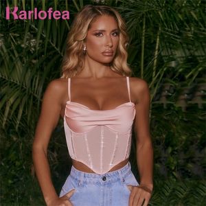 Karlofe Night Club Party Clothes for Women Underwire Padded Bustier Vest Camis Diamonds Satin Mesh Corset Sexy Crop Tops 220514