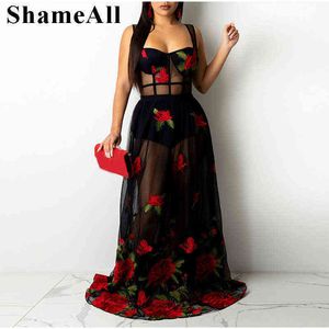 بالإضافة إلى حجم التطريز زهور الورد ، راجع من خلال حبال الشبكة الشبكية XL Tulle Tulle Tulle Sexy Club Party Spaghetti Strap Black Dress L220601