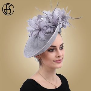 FS Fascynatorzy Gray Sinamay Hat with Feather Fedora for Women Derby Cocktail Party Bridal Ladies Church Hats 220813