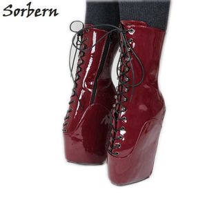 Sorbern Wine Red Patent Short Boots Women Sexy Fetish Ballet Heelless Pinup Shoes Ballet Wedge Sm Newbies Calf High Booties