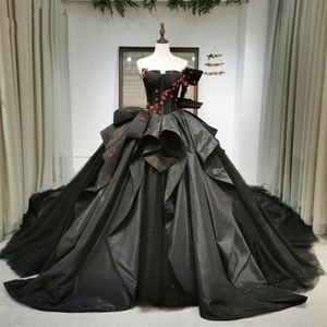 Gothic Black Ball Gown Wedding Dresses Red Beaded Bow Sweetheart Long Cathedral Bridal Gowns Vintage Corset Satin And Tulle Bride Dress