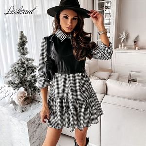 Casual Långärmad Mini Skjorta Klänning För Kvinnor Vit Vår PU Läder Patchwork Plaid Kvinna Klänningar Kläder Femme Robe 220316