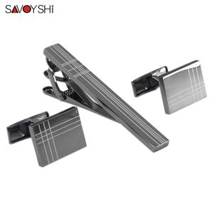 Savoyshi Classic Square Black Laser Stripe Bussiness Heren Cufflinks Tie Clips Set hoogwaardige stropdas Pin Tie Bars Clip Clasp