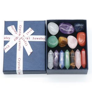 Natural Crystal Gift Box Set Chakras 7st Double Point Healing Crystals + Oregelbundet 7st Yoga Energy Stone