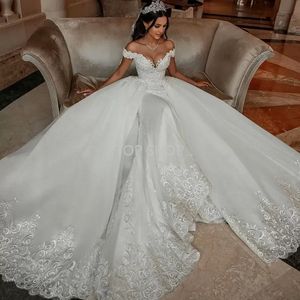 Neue arabische Meerjungfrau-Hochzeitskleider, Brautkleider mit abnehmbarer Schleppe, Überröcke, schulterfrei, Spitze, appliziert, Vintage-Überrock, Hochzeitskleidung