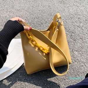 디자이너- 체인 디자인 단색 PU 가죽 여성용 작은 버킷 가방 간단한 어깨 크로스 바디 백 암컷 야생 핸드백