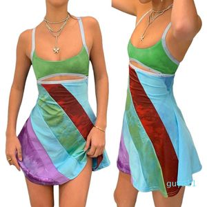 Casual Dresses Women Suspender A-line Dress Summer 2021 Female Spaghetti Strap Contrast Color U-neck Hollow Short Party Sundress