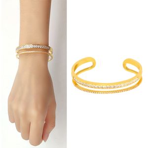 Nuovi gioielli a mano per la donna Moda Semplice bracciale a doppio strato a forma di C con fila di piccoli diamanti quadrati 3 colori Coppia Braccialetti con borchie di design di gioielli di marca di fascia alta