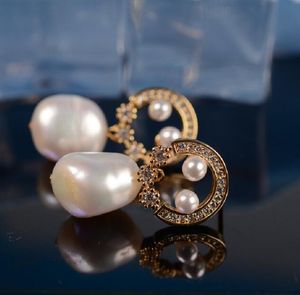 14K Gold Splated Crystal Baroque Bead Studs Dangle żyrandol Naturalne kolczyki z perłami słodkowodnymi Białe damę/dziewczyna biżuteria mody