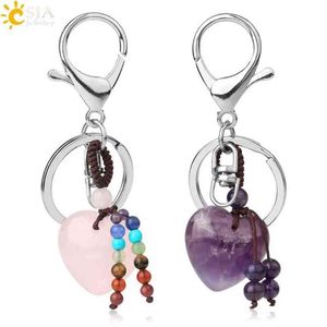 CSJA Coração Chaveiros de Cristal Natural 7 Chakra Pedra de Cura Rosa Quartzo Olho de Tigre Chaveiro Cor Prata Porta Chave de Carro Decoração G554 AA220318