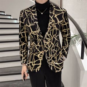 Frühling männer Blazer Luxus Gold Streifen Druck Blazer Männer Schlanke Business Casual Blazer Nachtclub Sänger Prom Jacke Plus Größe m-5XL