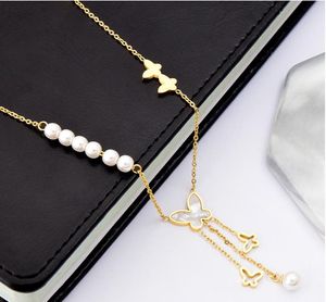 Pendant Necklaces Stainless Steel Gold Color Pearl Butterfly Long Tassel For Women Choker 2022 Trendy Fashion Gift JewelryPendant
