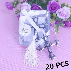 Groothandel stks Sliver Boxed Cross Hollow Bookmark for Baby Shower Wedding Favors Souvenir Giveaway Geschenken Gasten