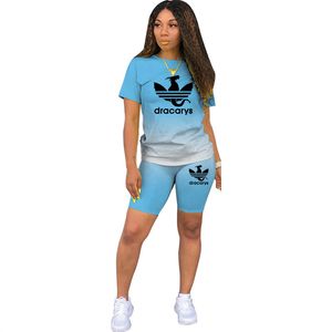 Two Pieces Sets Women Tracksuits Gradient Short Sleeve Tops + Jogger Shorts Leggings Suit Sporty Fitness Outfit 2022 Summer A24
