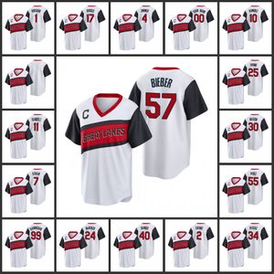 Cleveland''Indians''Men Donne Youth Shane Bieber Jose Ramirez Bradley Zimmer Custom White Little League Classic Home''Replica''Jersey