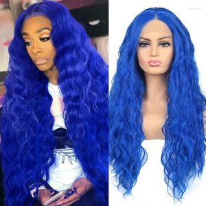 Synthetic Wigs AIMEYA Blue Long Water Wave Lace Front Wig For Women Middle Part Glueless PrePlucked Daily Wear Cosplay Hair Tobi22