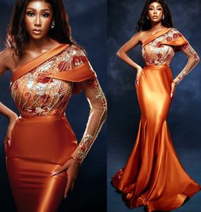 2022 Plus Size Arabic Aso Ebi Orange Mermaid Sexy Prom Dresses One Shoulder Evening Formal Party Second Reception Birthday Engagement Bridesmaid Gowns Dress ZJ474