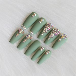 Elmas Sahte Çivi toptan satış-24pcs en son şeker uzun bale el yapımı kristal elmas mat sahte tırnaklar seksi yeşil267u
