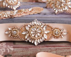Bröllop favoriserar pärlor bälte rose guld kristall brud rhinestones blomma brud sash för klänningar