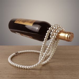 Creative Pearl Necklace Luxury Magic Metal Harts Hanging Suspension Wine Bottle Holder Rack Home Desktop Decoration 220727