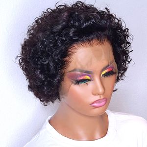 Curto curly cabelo humano lace dianteira perucas bob pixie corte transparente peruca de renda com sadeira natural para mulheres negras