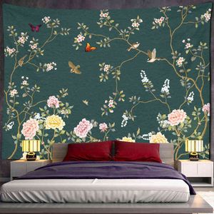 Tapestry Colorful Flowers And Birds Chinese Mural Carpet Wall Hanging Psychedel