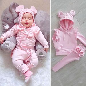 Roupas Conjuntos de roupas Autumn Baby Girl Tracksuit de manga longa Ruffles sólidos adorável camisa com capuz calças calças de calça roupas de roupa 0-24mClothing