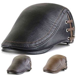 Fashion Pu Leather Caps Windproof Man Beret Bandage Hat Spring Flat Pet Warm Lace Band Boina Masculina J220722
