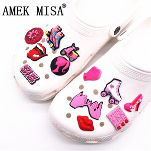 Original Shoe Charms Pink Roller Skates Girl Boxing Gloves Lips High heels Shoe Decoration Accessories for Croc jibz Kids Party 220713