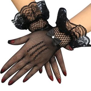 Fem fingrar handskar kvinnor sexig spets fisknät båge mesh ihålig andningsbar kort solskyddsmedel stycke damer transparent fullfinger