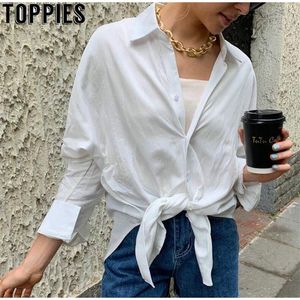 Toppies Fashion Camicie asimmetriche Top in lino di cotone bianco camicette camicie cachi a maniche lunghe con coulisse in vita top oversize 210302