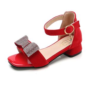 Per i sandali di taglia 27-38 scarpe da ragazza per bambini 2022 estate tacco alto principessa scarpe romane fiocco in pelle scamosciata diamante brillante rosso nero
