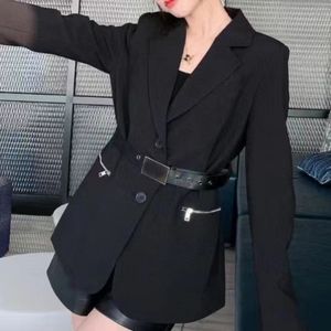 Medigo-364 Womens Suits Blazers Business Casual Jackets with Fanny Pack Sashes Pure Color Metal Triangle Pattern Lady Coats