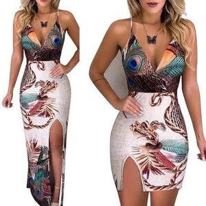 Dorywczo sukienki Lato Eleganckie Kobiety Sling V Neck Peacock Pióro Print Split Ołówek Dress Kobieta Bodycon Mini Krótkie Vestidos Beach Sundress