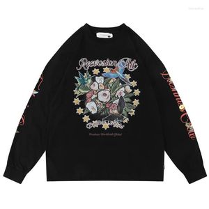 T-shirts voor heren hiphop oversized t-shirt letter bloemenvogel ster gedrukt vintage gewassen streetwear 2022 Harajuku katoenen lange mouw imon22